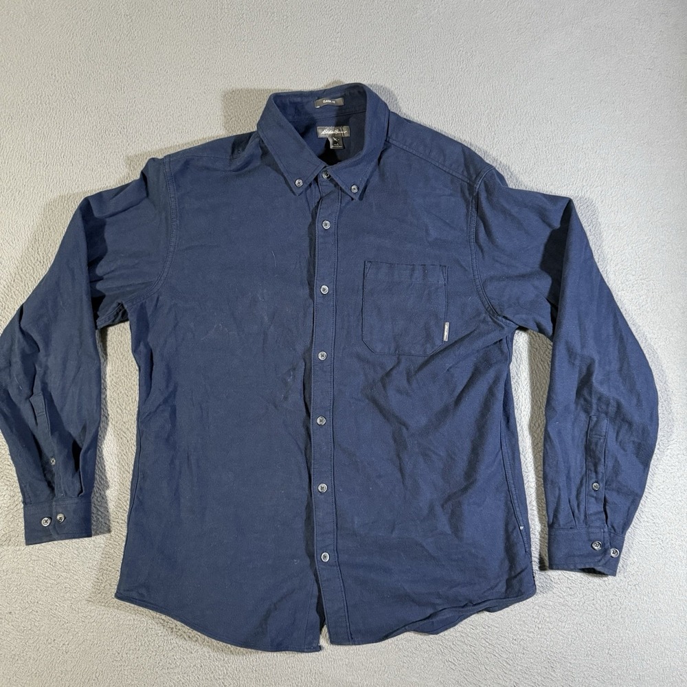 Eddie‎ Bauer Navy Blue Chamois Flannel 100% Cotton  Long Sleeve Shirt Size Large